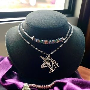 Double layer unicorn rainbow stones stainless steel adjustable choker necklace